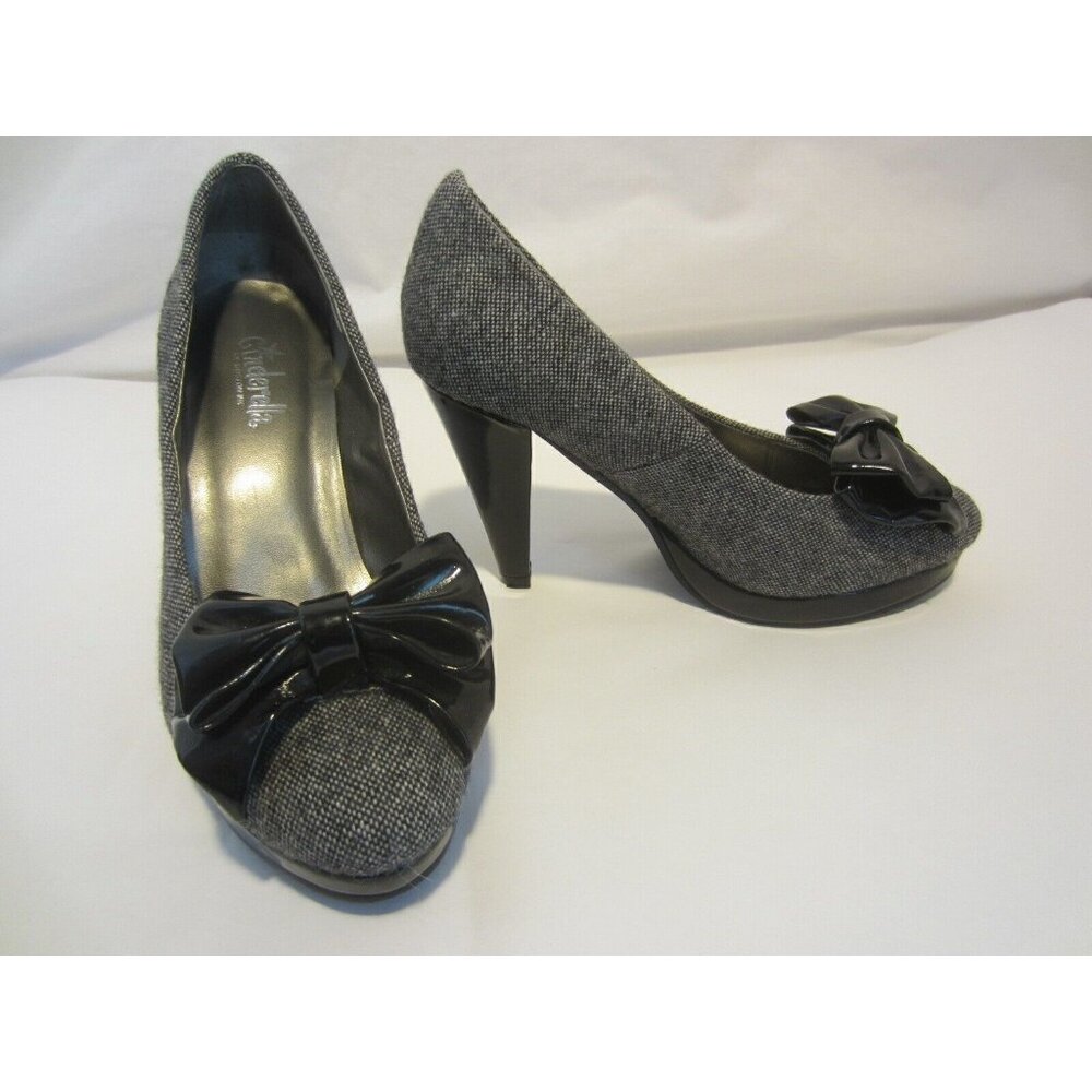 CINDERELLA BOSTON gray heather fabric black bow platform heel shoes 5 M